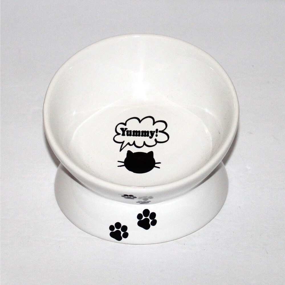 Cat Bowl tilted elevated white black ceramic YHY